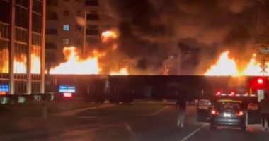 Flaming train caught on video barreling through Canadian city's downtown