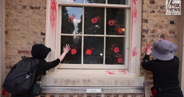 Demonstrators gather at UNC-Chapel Hill Chancellor's office, smear red paint on building