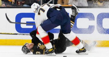 Niko Mikkola of the Florida Panthers completed a late hit on New York Rangers Filip Chytil