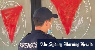 US consulate in Sydney attacked with sledgehammer, daubed in pro-Palestinian graffiti