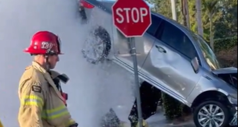 Wild video shows gushing fire hydrant suspending vehicle in the air after California crash