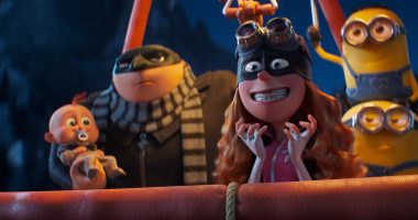 (from left) Gru Jr., Gru (Steve Carell), Poppy Prescott (Joey King) and Minions (Pierre Coffin) in Despicable Me 4, directed by Chris Renaud.